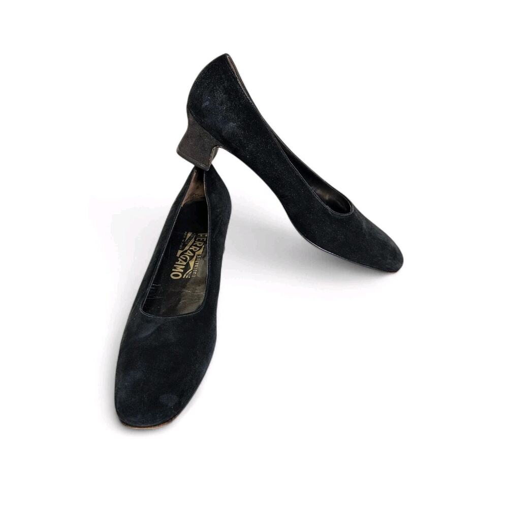Salvatore Ferragamo Black Suede Square Toe Block Heels Old Money Witchy 9.5 AAAA